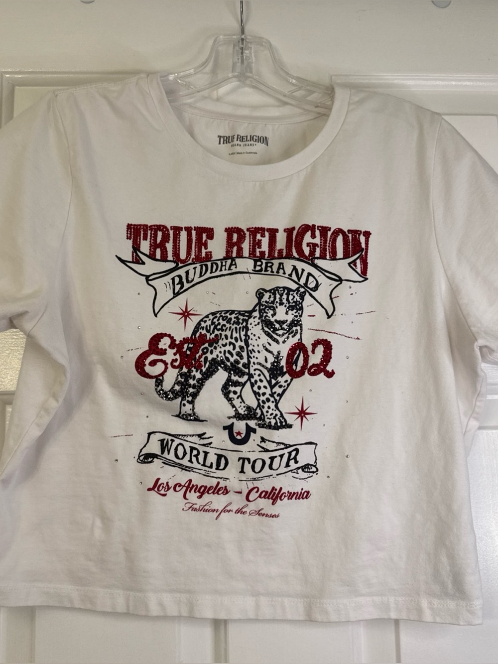 True Religion Rhinestone Leopard Cropped Baby Tee White XL Cotton Knit